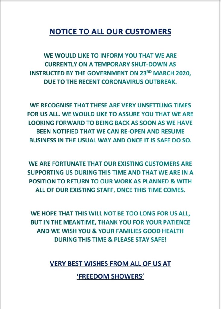 Customer Notice Coronavirus update March 2020 Freedom Showers
